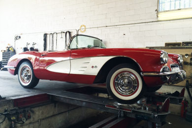 Classic car being aligned at Hewitt Alinement in Stockton, California.