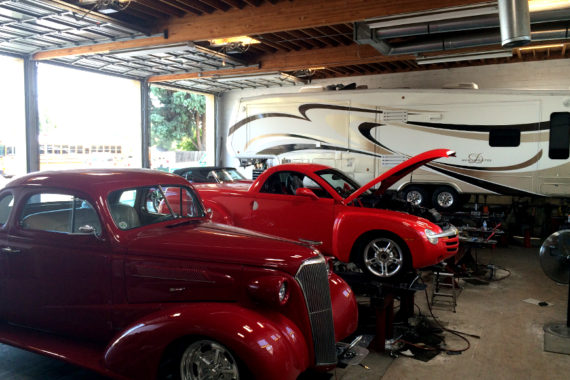 Classic cars and RV at Hewitt Alinement in Stockton, California.